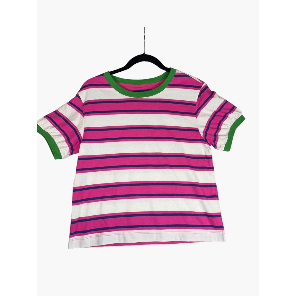 Pilcro Anthropologie Pink Striped Ringer Tee Green Trim Short Sleeve Small